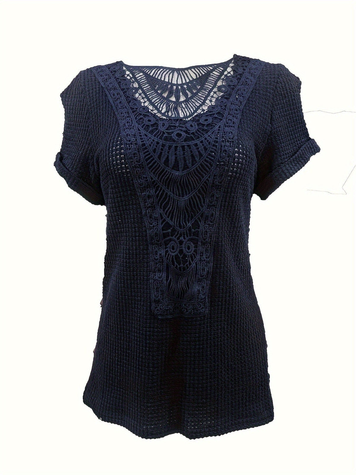 Contrast Lace Crew Neck T-Shirt, Casual Short Sleeve T-Shirt