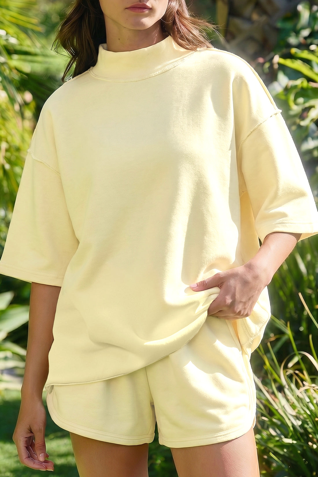 Yellow Cream Solid Color Exposed Seam Mock Neck Oversize Tee Casual Shorts 2pcs Outfit