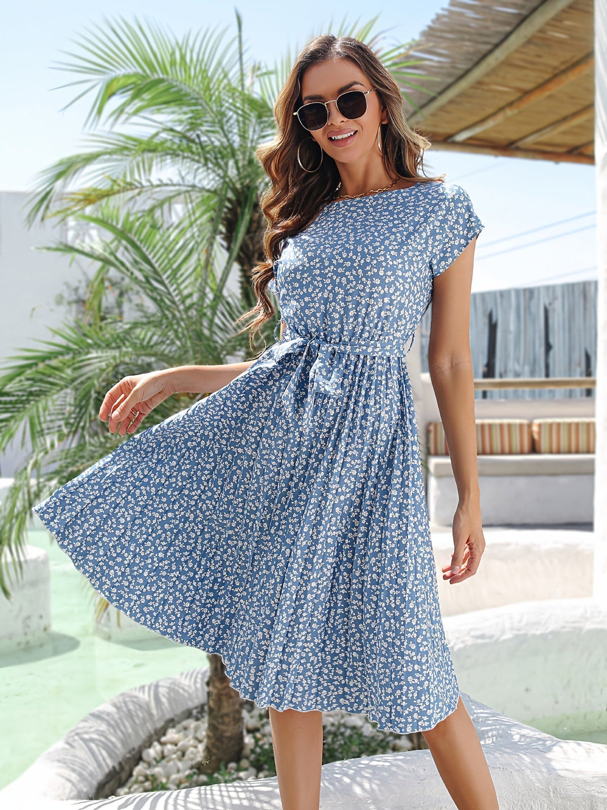 Ditsy Floral Print Belted Dress, Short Sleeve Casual Every Day Vacation Dress