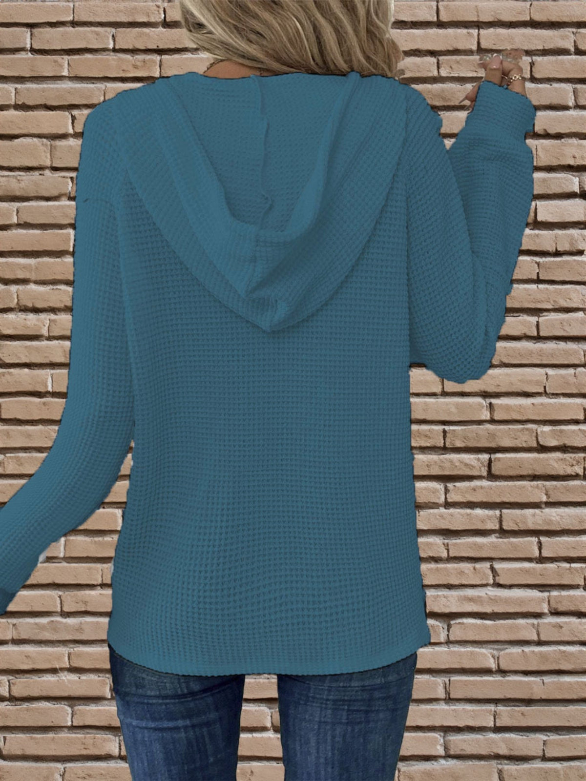 Waffle Button Front Loose Hoodie, Casual Long Sleeve Drawstring Hoodies Sweatshirt