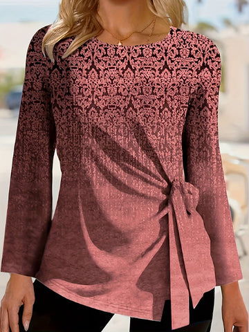 All Over Print Tie Front T-Shirt, Casual Long Sleeve Top