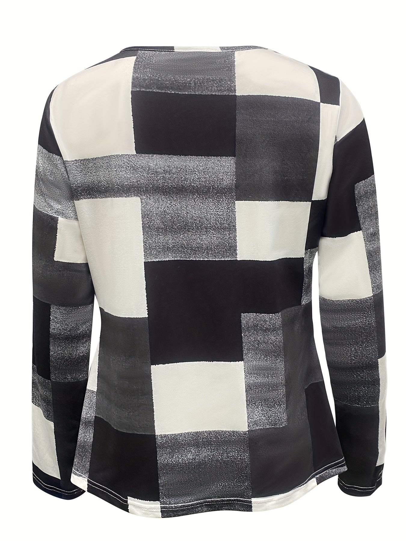 Colorblock Print Ruched T-Shirt, Casual Long Sleeve Top