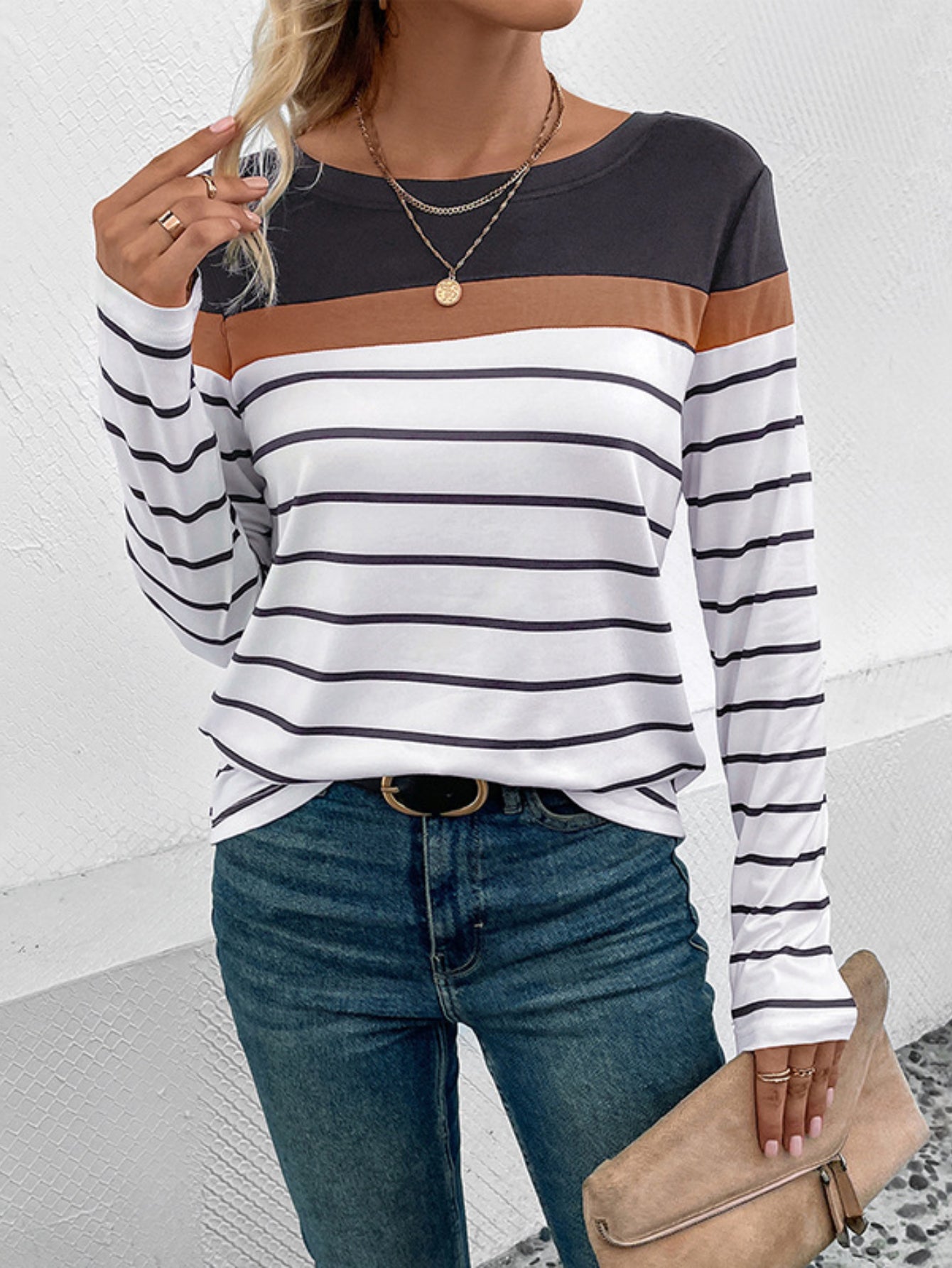 Women's Striped Color Block T-Shirt - Casual Long Sleeve Top