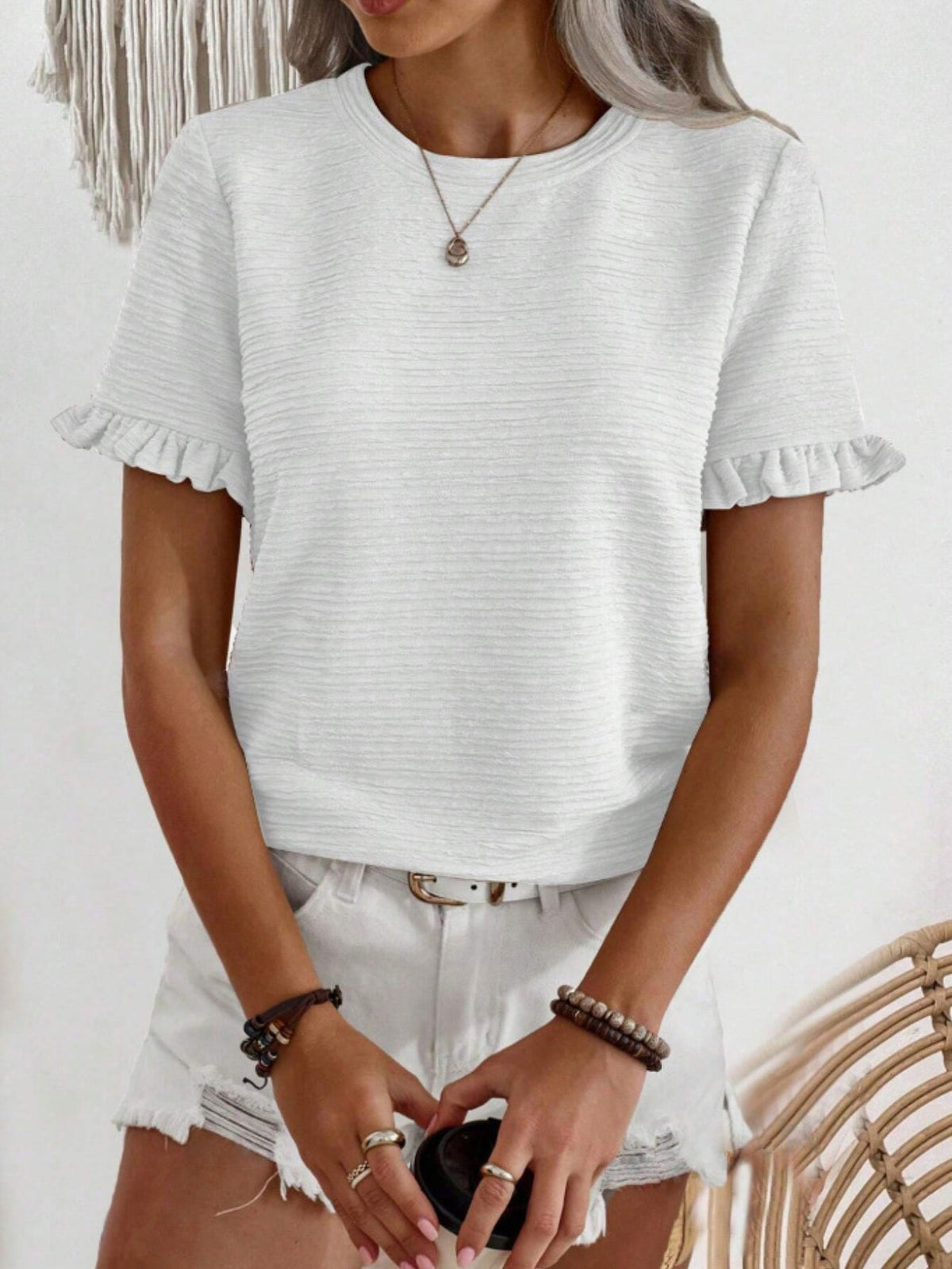 Solid Color Textured Crew Neck T-Shirt, Elegant Ruffle Trim Short Sleeve T-Shirt