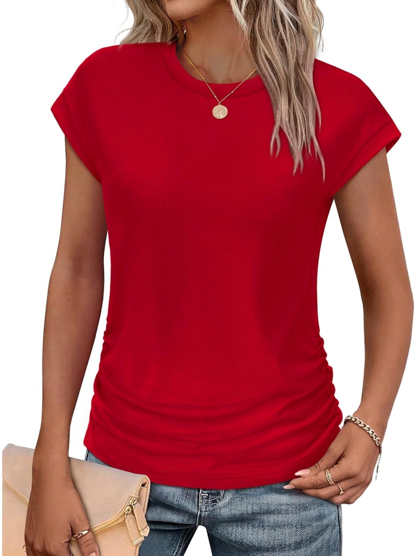 Solid Color Crew Neck Ruched Cap Short Sleeve T Shirts