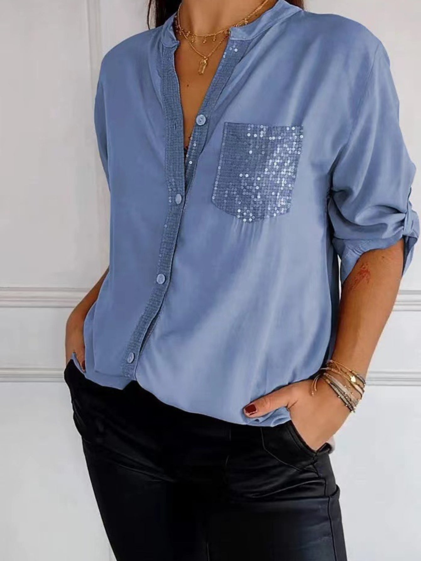 Solid Color Casual V-Neck Sequin Loose Fit Long Sleeve Blouse