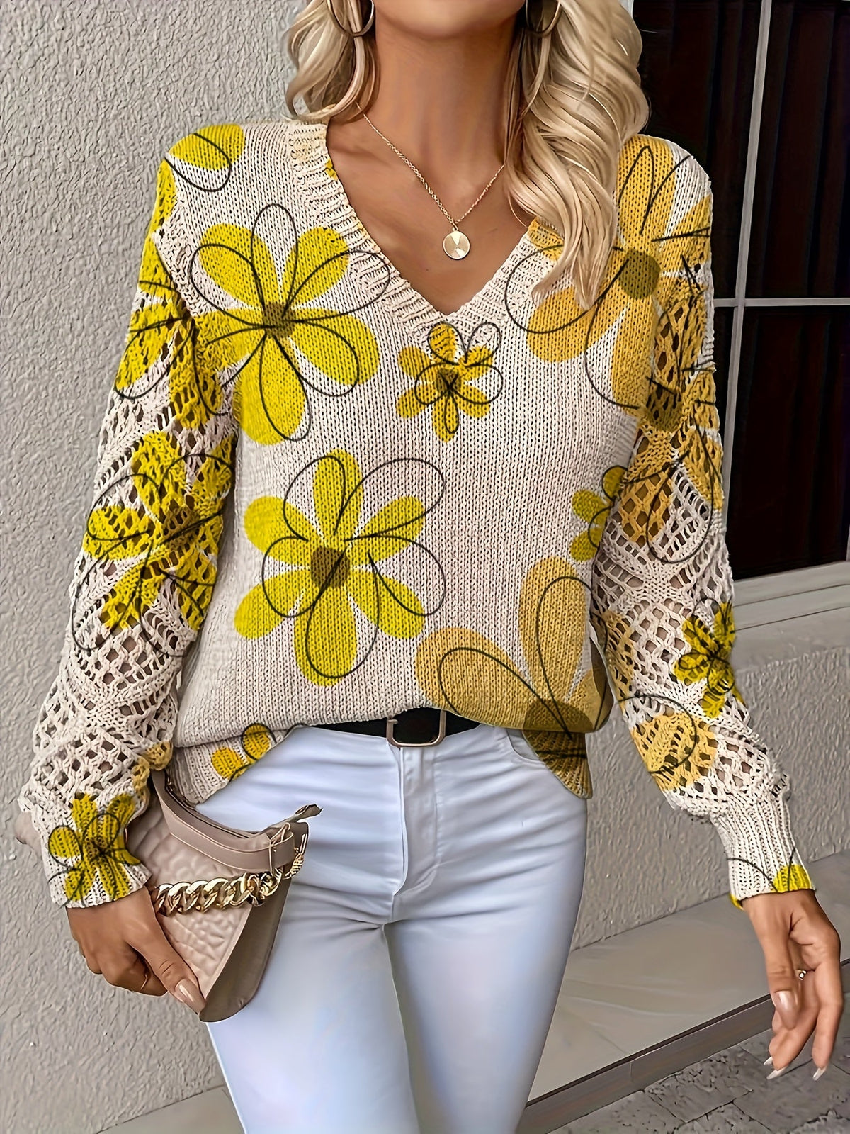 V-Neck Long Sleeve Floral Print Pullover Sweater