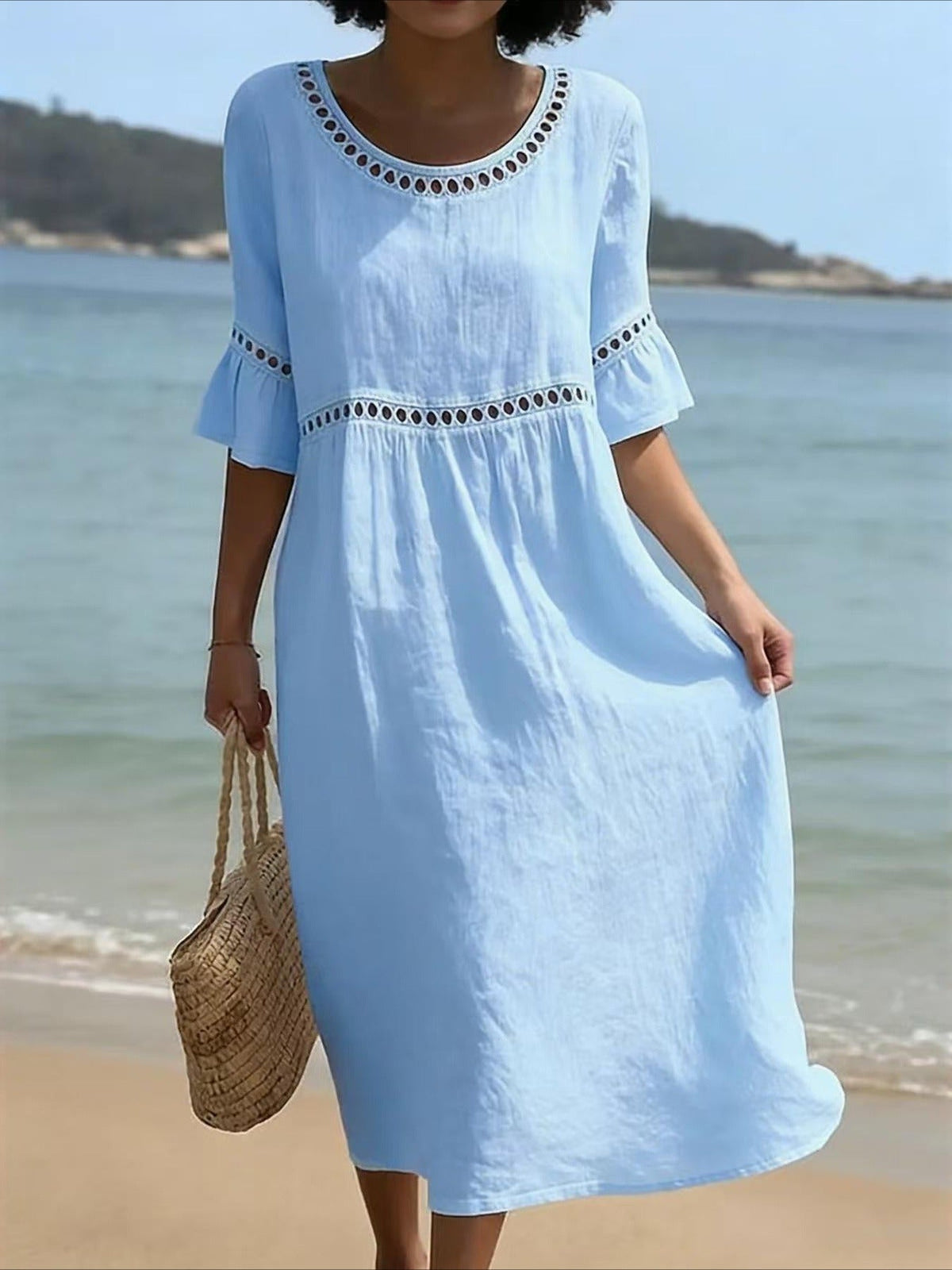 Color Retro Laced Lace Short Sleeve Round Neck Dress