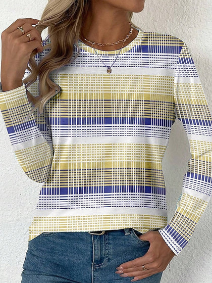 Crew Neck Long Sleeve Tunic Graphic Plaid Stylish Modern Casual Regular T-shirt