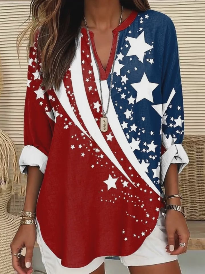 Red White & Blue National Flag Print V-Neck Long Sleeve Shirt