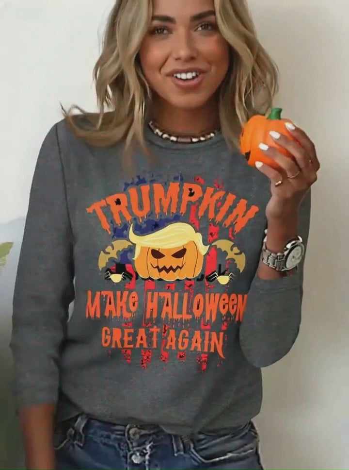 Halloween Print Long Sleeve Crew Neck Regular Fit Top