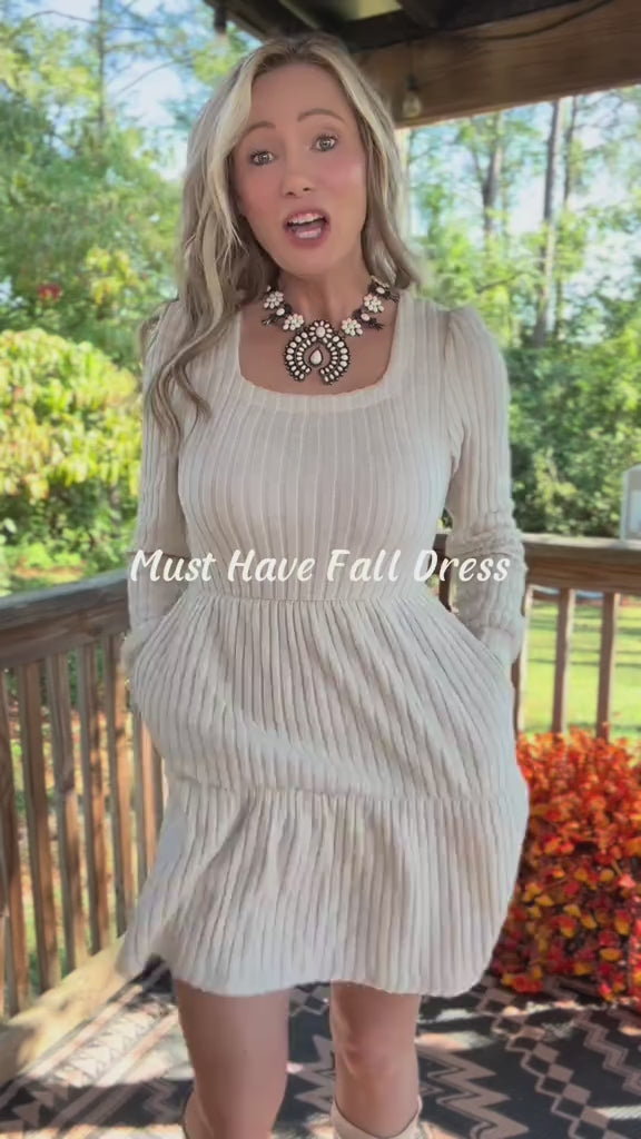 Square Neck Long Sleeve Dress with Pockets