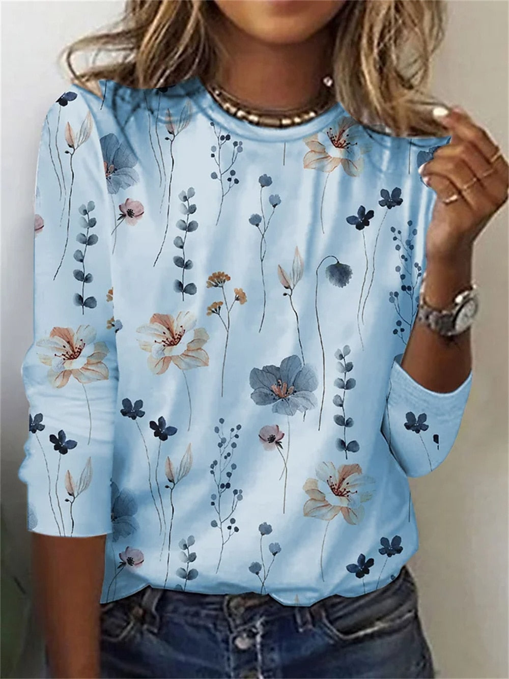 Floral Print Round Neck Long Sleeve T-Shirt
