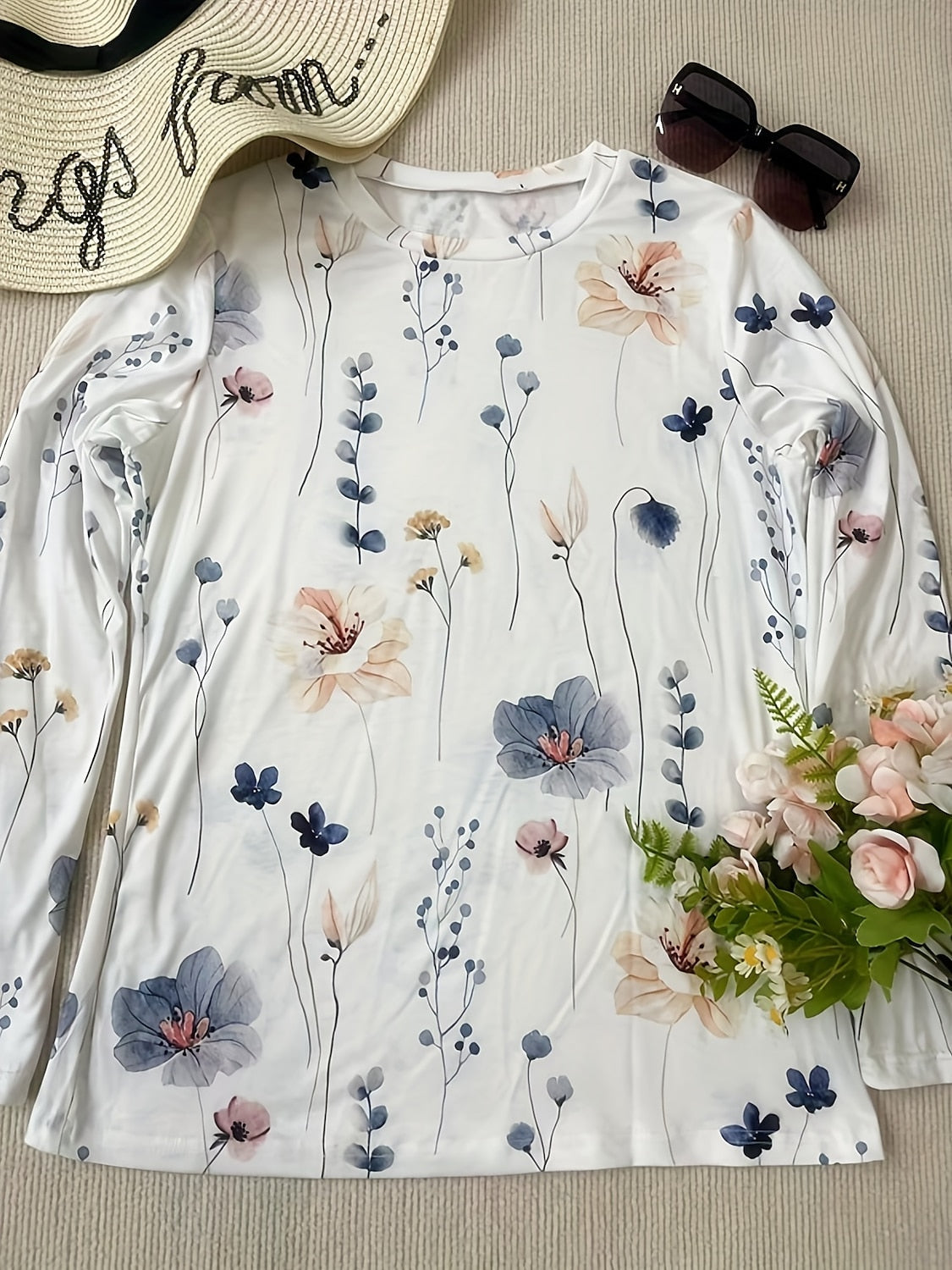 Floral Print Round Neck Long Sleeve T-Shirt
