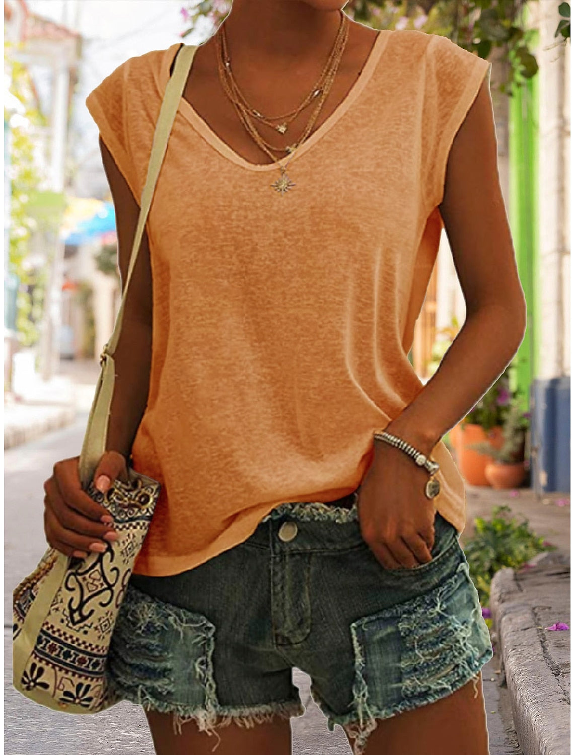 Women's Solid Color V Neck Sleeveless T-Shirt